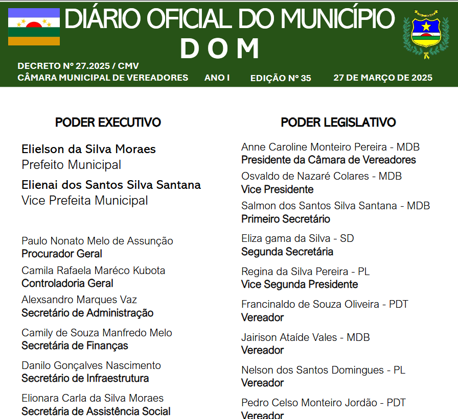 DIÁRIO OFICIAL - EDIÇÃO N° 35 - 27 DE MARÇO DE 2025